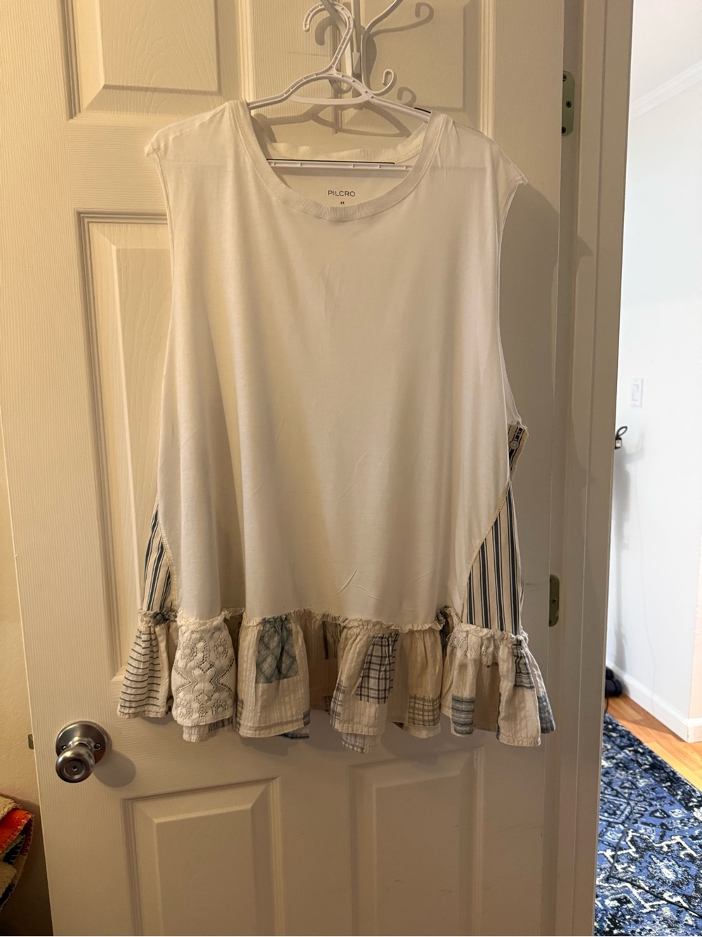 Anthropologie Cream Babydoll Muscle Tank tunic with Patchwork Ruffle - Picture 2 of 3